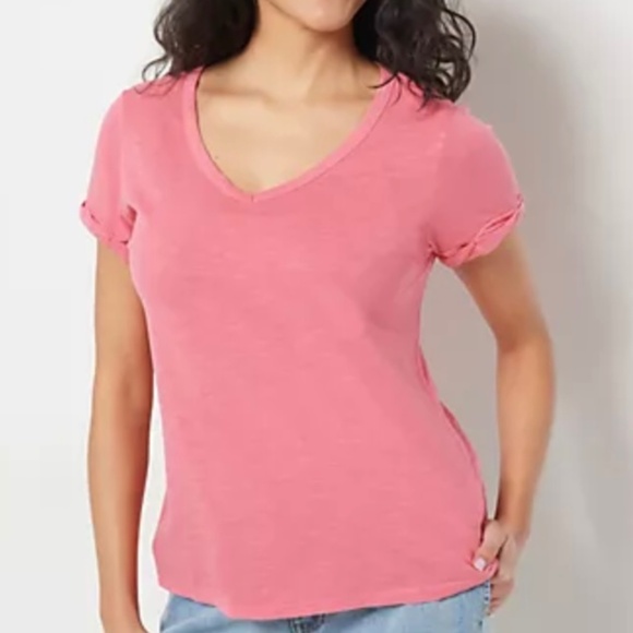 New Women’s Candace Cameron Bure V-Neck Tee Linen Blend Sunkissed Posey Pink XXS - Picture 1 of 4